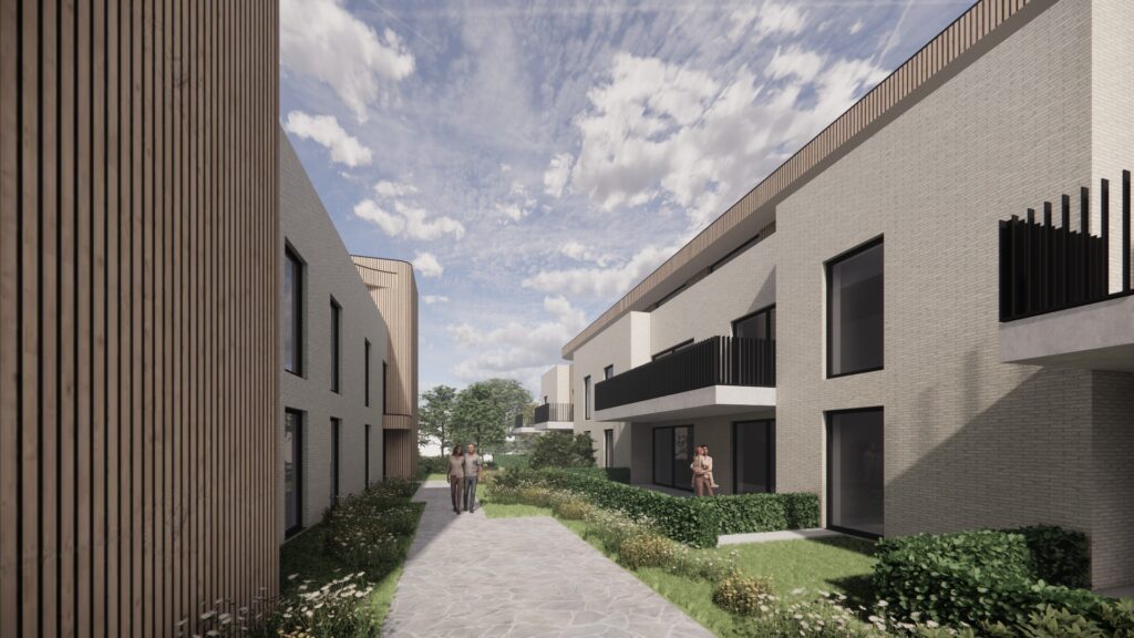 Wandelpad tussen 2 gebouwen met nieuwbouw appartementen
